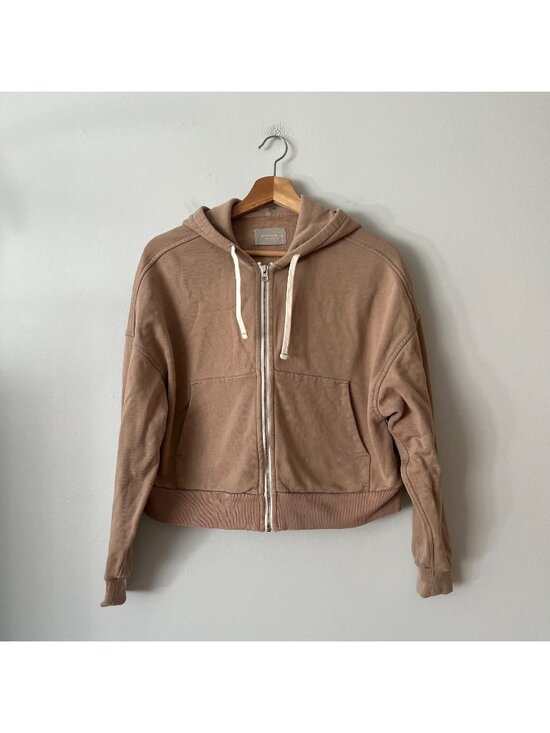 Everlane Tops - Everlane Organic Cotton Cropped Zip Up Hooded Sweatshirt Tan Women's Size Small